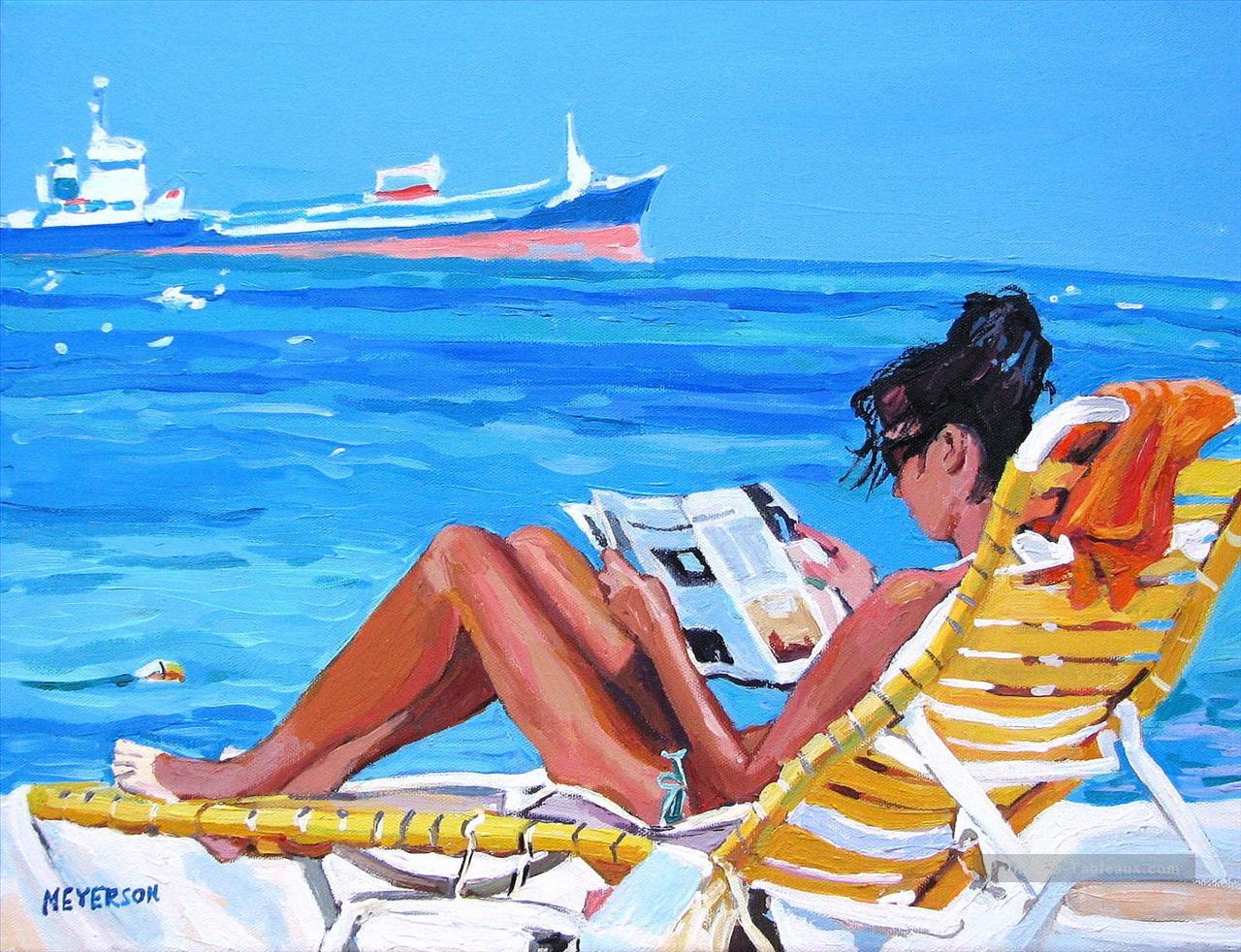 fille lisant à la plage Peintures à l'huile